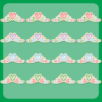 Pattern of colorful heart-shaped tiaras on a green background