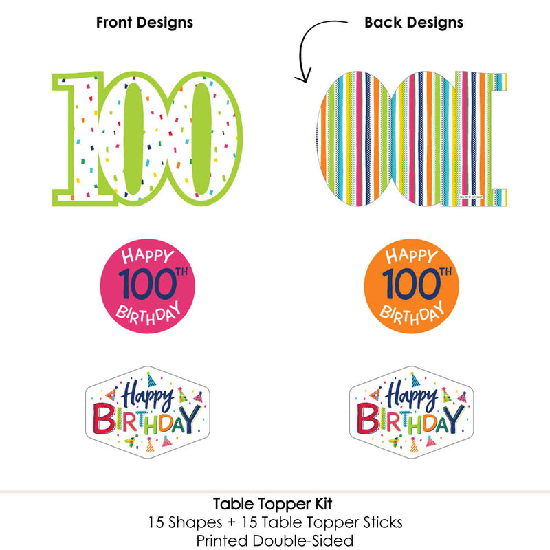 100th Birthday - Cheerful Happy Birthday - Colorful One Hundredth Birthday Party Centerpiece Sticks - Table Toppers - Set of 15