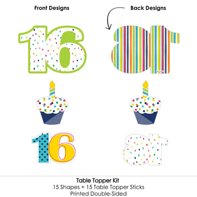 16th Birthday - Cheerful Happy Birthday - Colorful Sixteen Birthday Party Centerpiece Sticks - Table Toppers - Set of 15