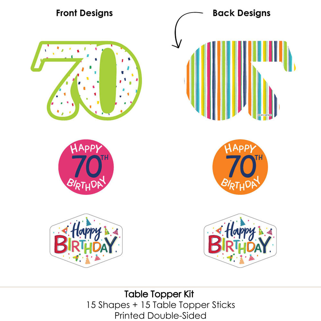 70th Birthday - Cheerful Happy Birthday - Colorful Seventieth Birthday Party Centerpiece Sticks - Table Toppers - Set of 15