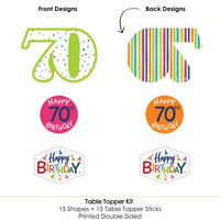 70th Birthday - Cheerful Happy Birthday - Colorful Seventieth Birthday Party Centerpiece Sticks - Table Toppers - Set of 15