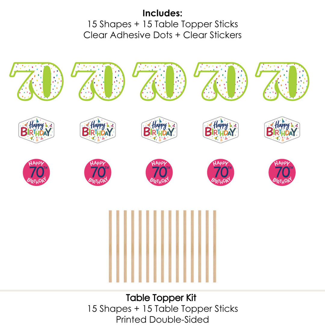 70th Birthday - Cheerful Happy Birthday - Colorful Seventieth Birthday Party Centerpiece Sticks - Table Toppers - Set of 15