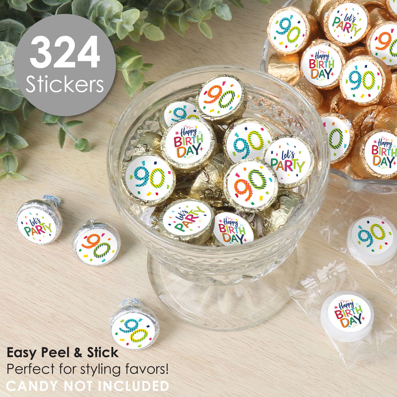 90th Birthday - Cheerful Happy Birthday - Colorful Ninetieth Birthday Party Small Round Candy Stickers - Party Favor Labels - 324 Count