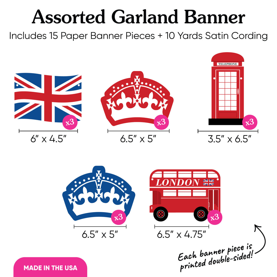 Assorted Garland Banner with British-themed designs including flags, crowns, and a phone booth, with dimensions and quantities listed.