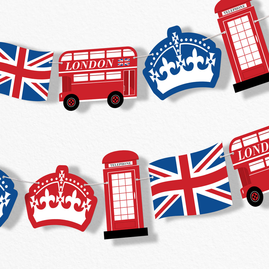 Cheerio London garland banner with British themed shapes