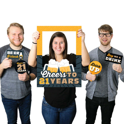 Cheers and Beers to 21 Years - 21st Birthday Party Selfie Photo Booth Picture Frame and Props - Printed on Sturdy Material
