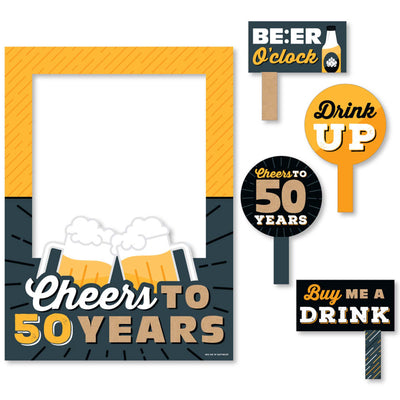 Cheers and Beers to 50 Years - 50th Birthday Party Selfie Photo Booth Picture Frame and Props - Printed on Sturdy Material