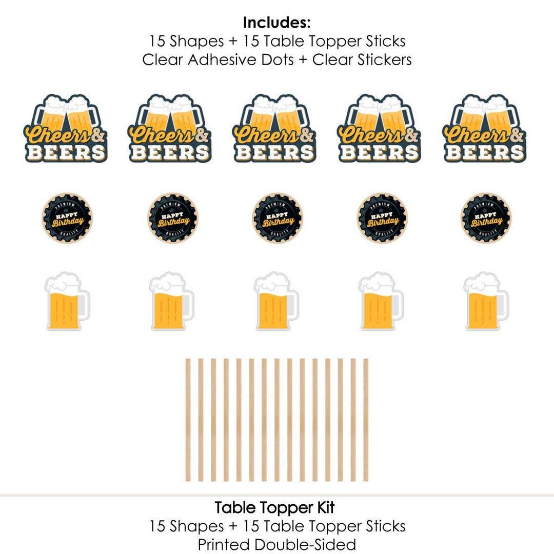 Cheers and Beers Happy Birthday - Birthday Party Centerpiece Sticks - Table Toppers - Set of 15