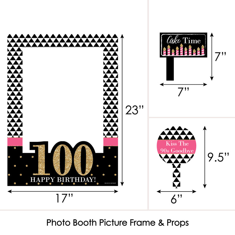 Chic 100th Birthday - Pink, Black and Gold - Birthday Party Selfie Photo Booth Picture Frame & Props - Printed on Sturdy Material