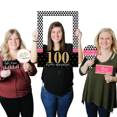Chic 100th Birthday - Pink, Black and Gold - Birthday Party Selfie Photo Booth Picture Frame & Props - Printed on Sturdy Material