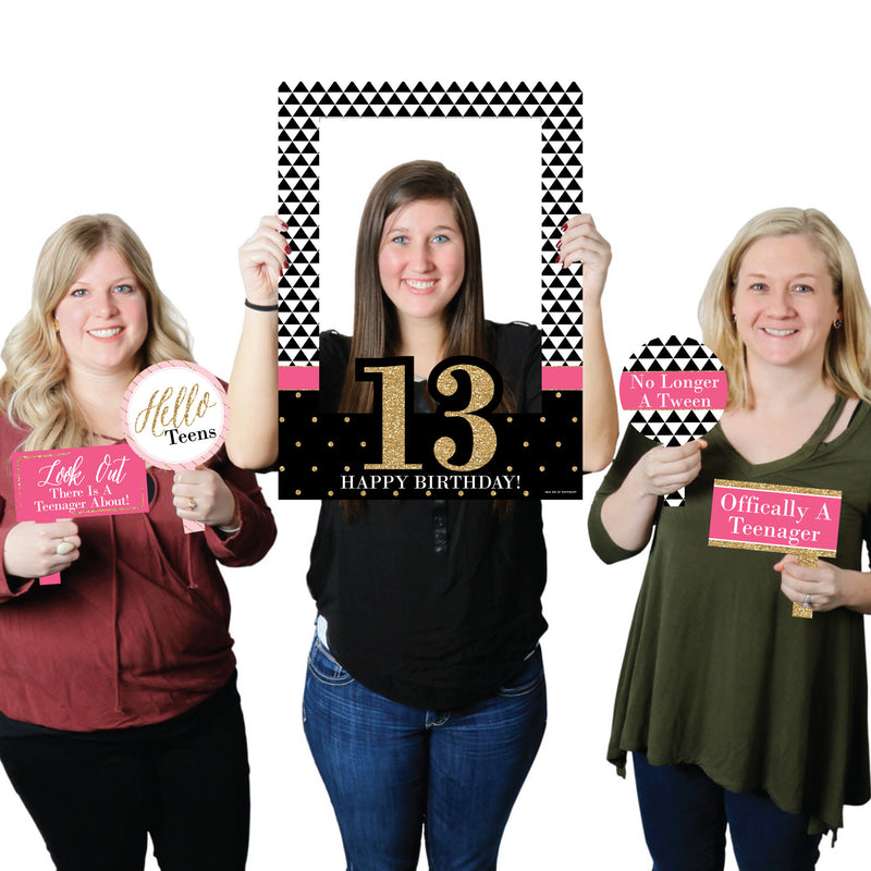 Chic 13th Birthday - Pink, Black and Gold - Birthday Party Selfie Photo Booth Picture Frame & Props - Printed on Sturdy Material