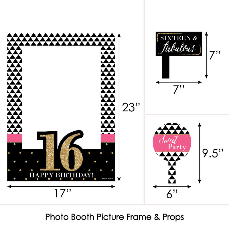 Chic 16th Birthday - Pink, Black and Gold - Birthday Party Selfie Photo Booth Picture Frame & Props - Printed on Sturdy Material