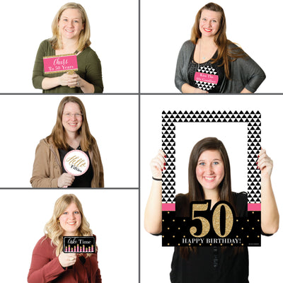 Chic 50th Birthday - Pink, Black and Gold - Birthday Party Selfie Photo Booth Picture Frame & Props - Printed on Sturdy Material