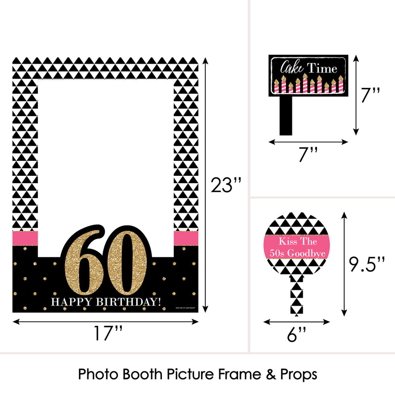 Chic 60th Birthday - Pink, Black and Gold - Birthday Party Selfie Photo Booth Picture Frame & Props - Printed on Sturdy Material