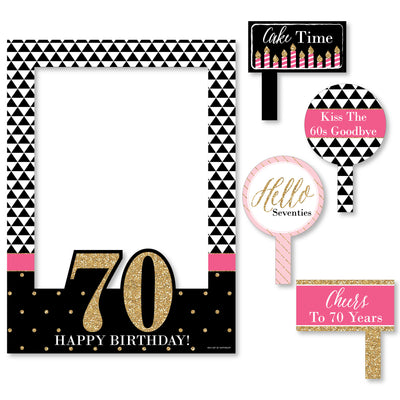 Chic 70th Birthday - Pink, Black and Gold - Birthday Party Selfie Photo Booth Picture Frame & Props - Printed on Sturdy Material