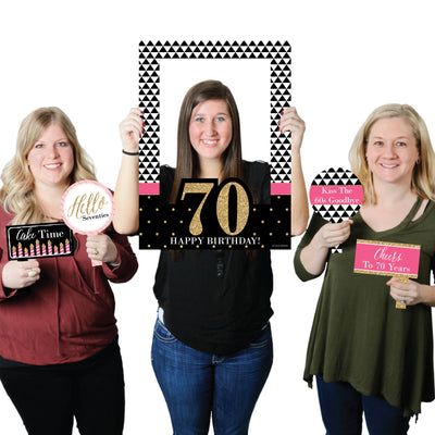 Chic 70th Birthday - Pink, Black and Gold - Birthday Party Selfie Photo Booth Picture Frame & Props - Printed on Sturdy Material