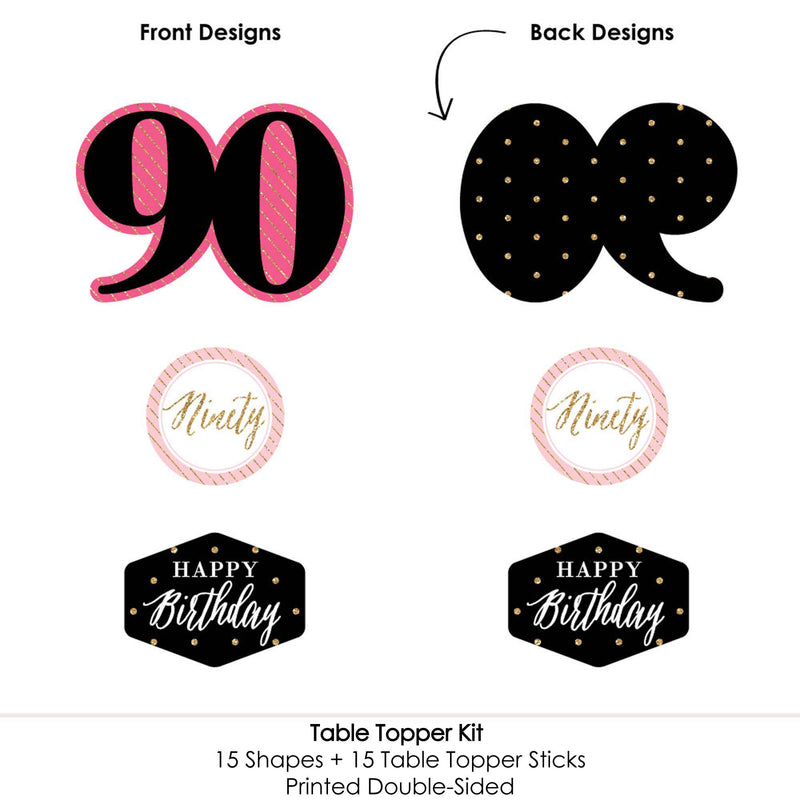 Chic 90th Birthday - Pink, Black and Gold - Birthday Party Centerpiece Sticks - Table Toppers - Set of 15