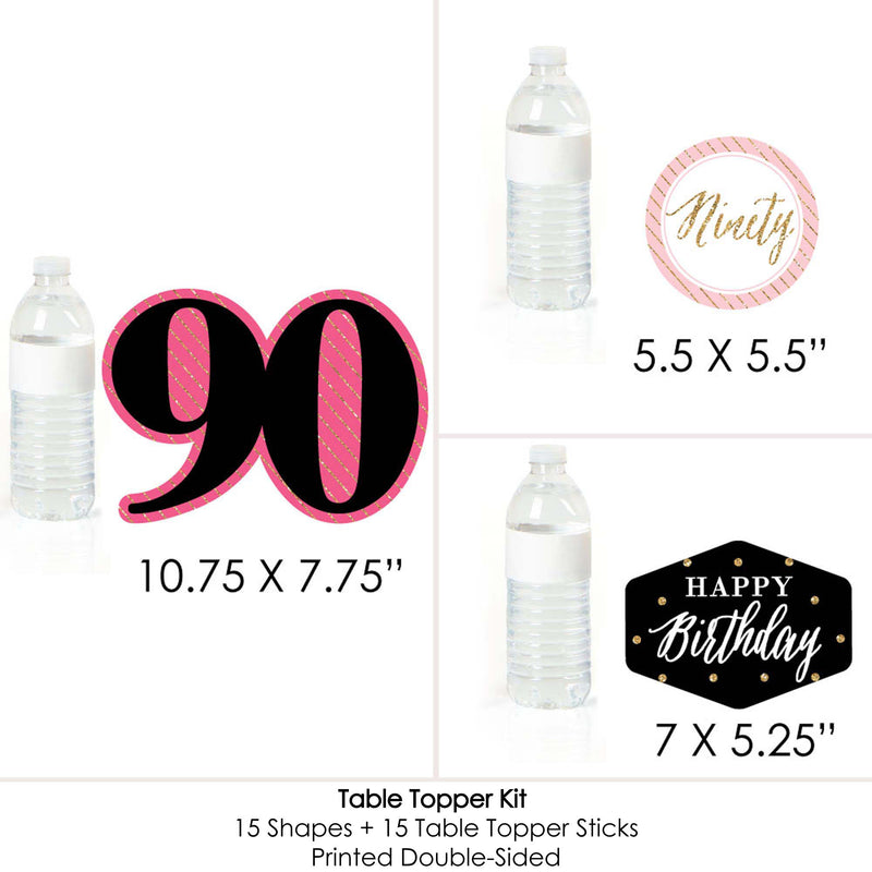 Chic 90th Birthday - Pink, Black and Gold - Birthday Party Centerpiece Sticks - Table Toppers - Set of 15