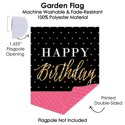 Chic Happy Birthday - Pink, Black and Gold - Outdoor Home Decorations - Double-Sided Birthday Party Garden Flag - 12 x 15.25 inches