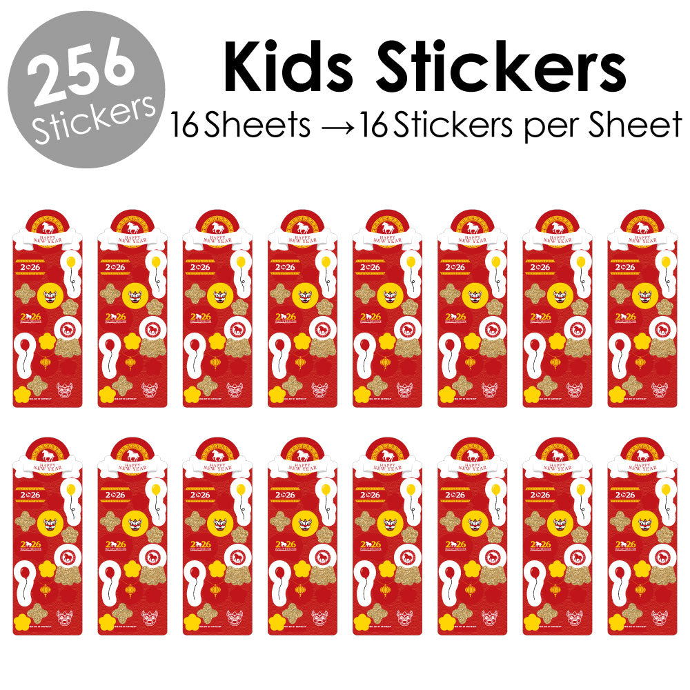 Chinese New Year - 2026 Year of the Horse Favor Kids Stickers - 16 Sheets - 256 Stickers