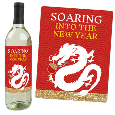 Chinese New Year - 2024 Year of the Dragon Decorations for Women and Men - Wine Bottle Label Stickers - Set of 4