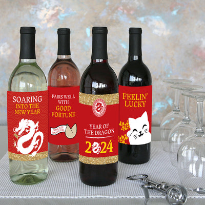 Chinese New Year - 2024 Year of the Dragon Decorations for Women and Men - Wine Bottle Label Stickers - Set of 4