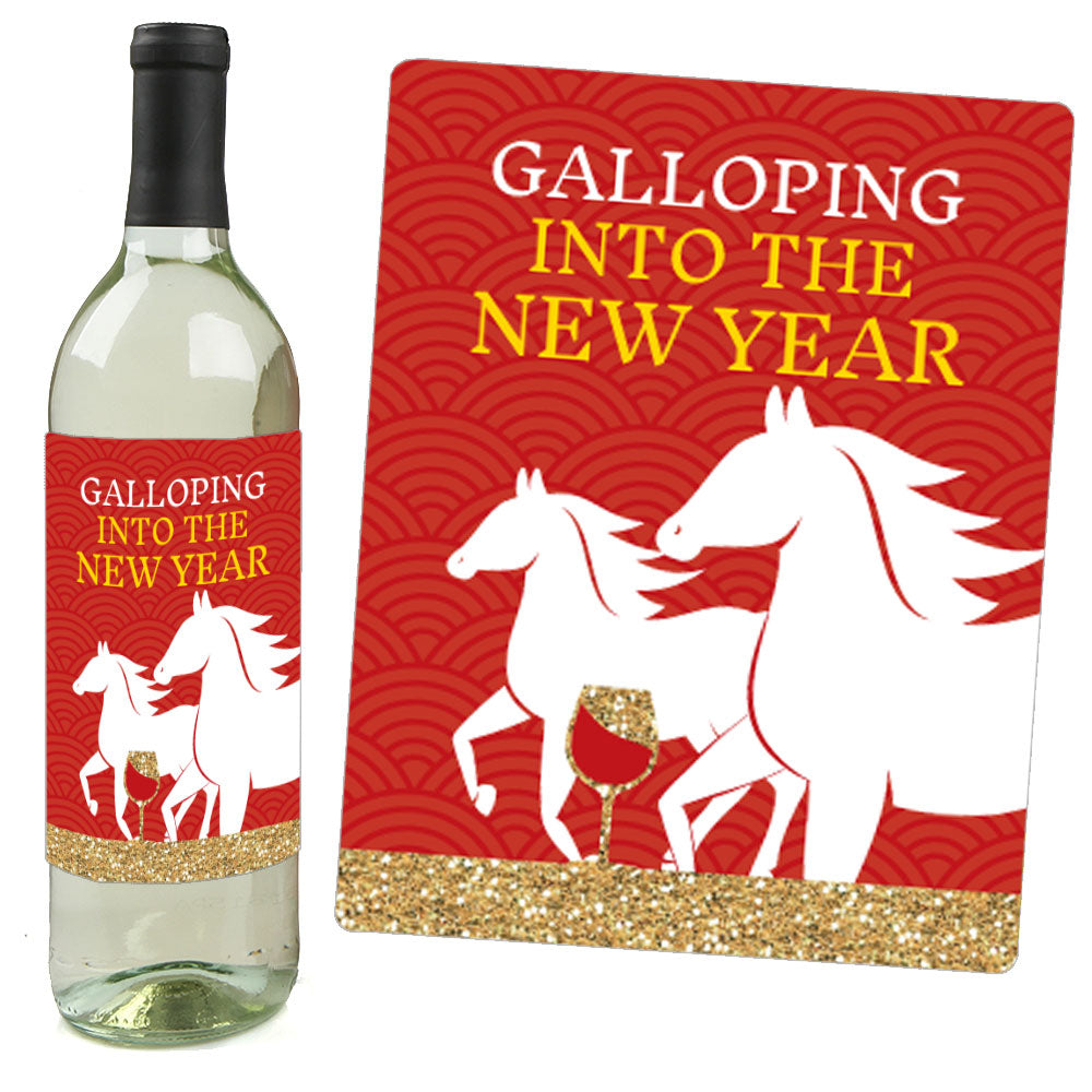 Chinese New Year - 2026 Year of the Horse Decorations for Women and Men - Wine Bottle Label Stickers - Set of 4