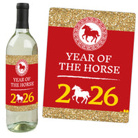 Chinese New Year - 2026 Year of the Horse Decorations for Women and Men - Wine Bottle Label Stickers - Set of 4