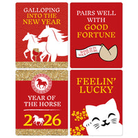 Chinese New Year - 2026 Year of the Horse Decorations for Women and Men - Wine Bottle Label Stickers - Set of 4
