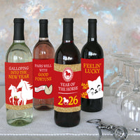 Chinese New Year - 2026 Year of the Horse Decorations for Women and Men - Wine Bottle Label Stickers - Set of 4