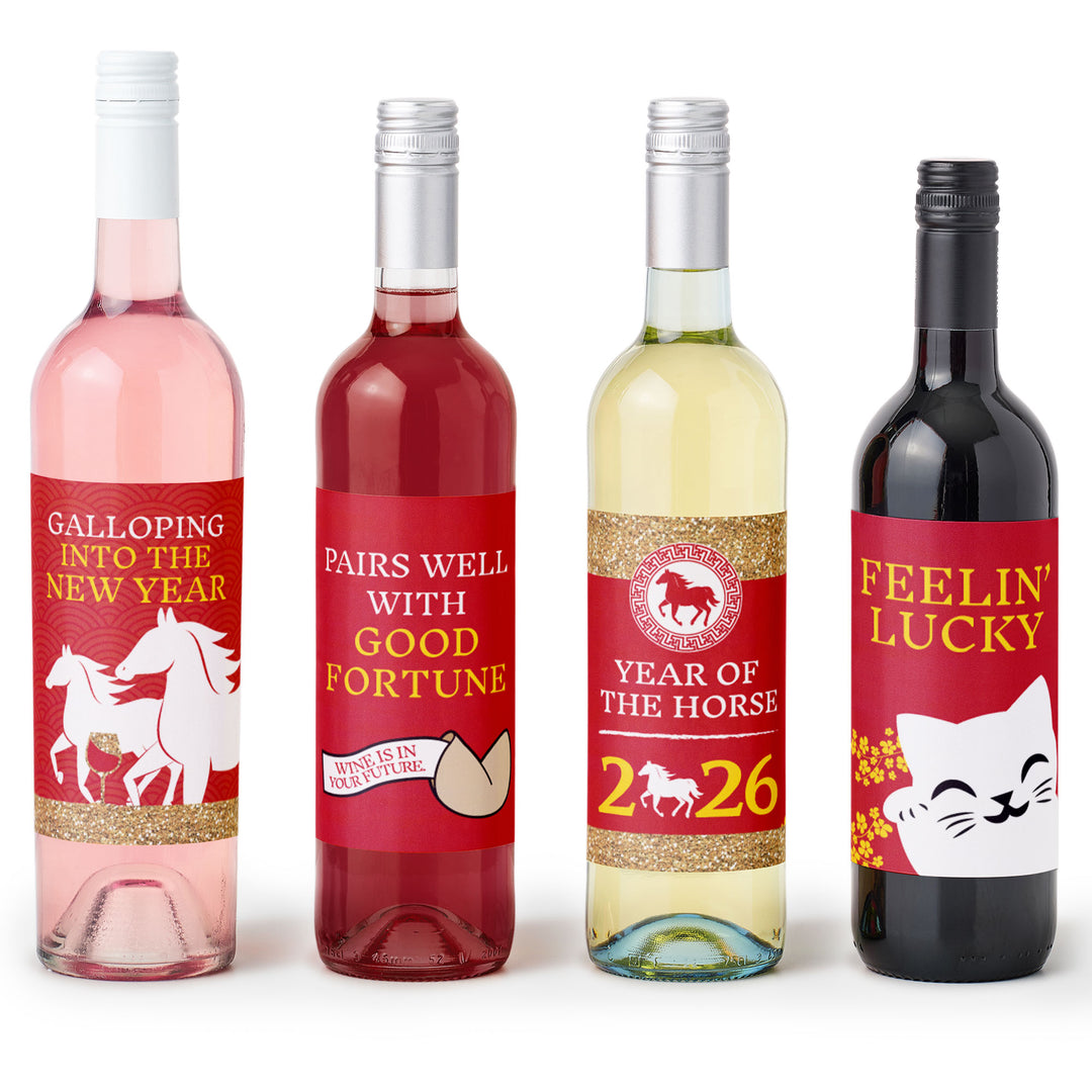 Chinese New Year - 2026 Year of the Horse Decorations for Women and Men - Wine Bottle Label Stickers - Set of 4