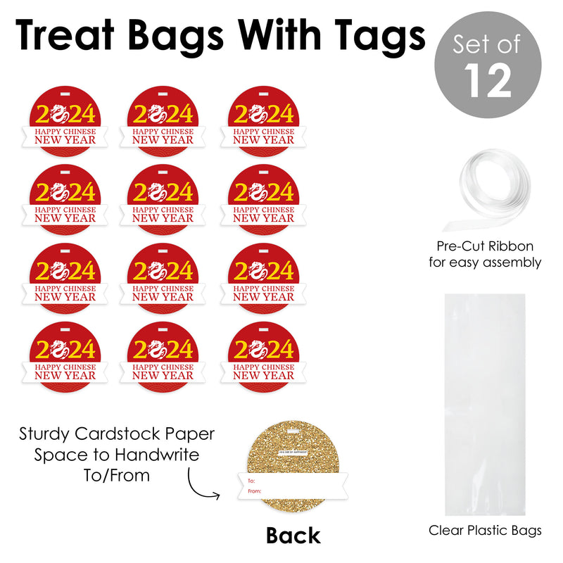 Chinese New Year - 2024 Year of the Dragon Clear Goodie Favor Bags - Treat Bags With Tags - Set of 12