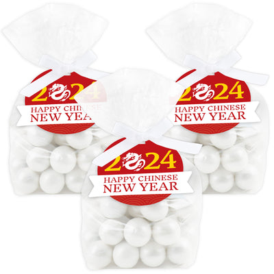 Chinese New Year - 2024 Year of the Dragon Clear Goodie Favor Bags - Treat Bags With Tags - Set of 12