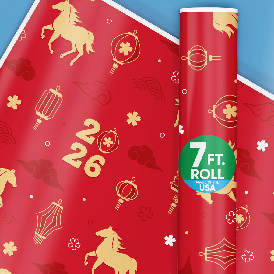 Red wrapping paper with gold horse and lantern designs, featuring a 7 ft. roll label.