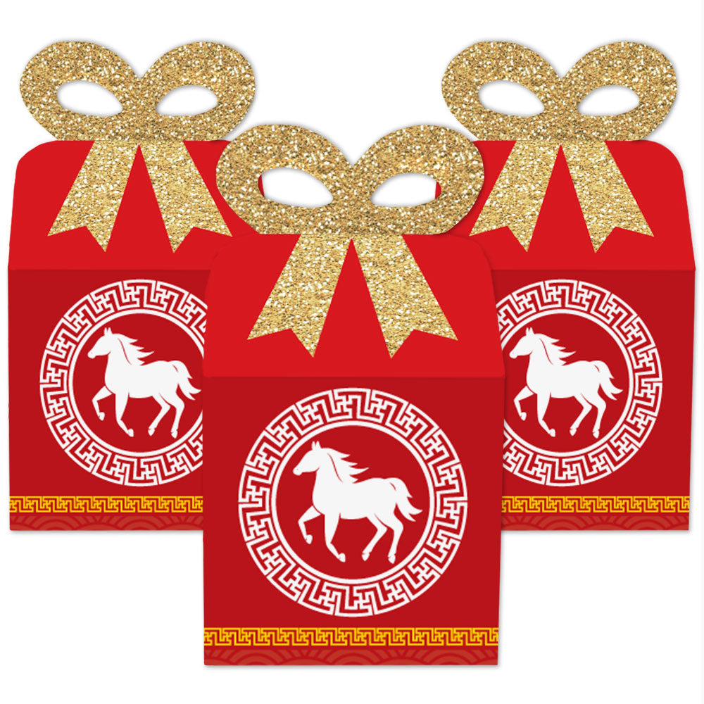 Chinese New Year - Square Favor Gift Boxes - 2026 Year of the Horse Bow Boxes - Set of 12