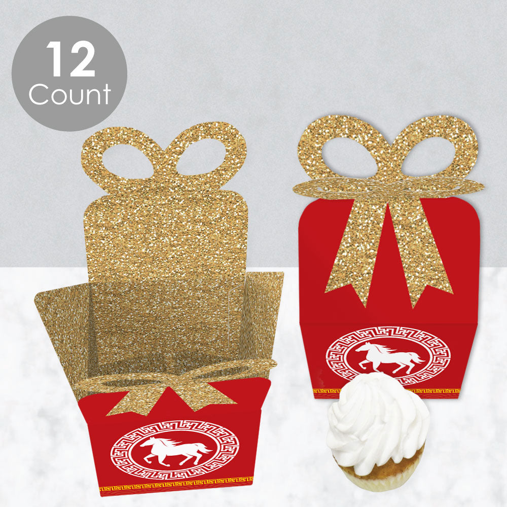 Chinese New Year - Square Favor Gift Boxes - 2026 Year of the Horse Bow Boxes - Set of 12