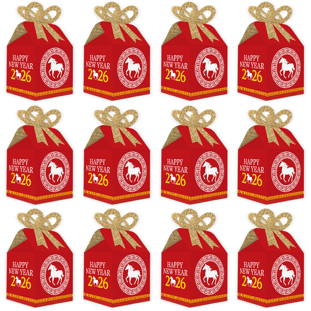 Chinese New Year - Square Favor Gift Boxes - 2026 Year of the Horse Bow Boxes - Set of 12