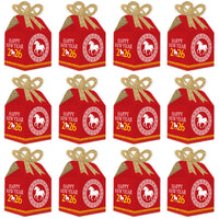Chinese New Year - Square Favor Gift Boxes - 2026 Year of the Horse Bow Boxes - Set of 12