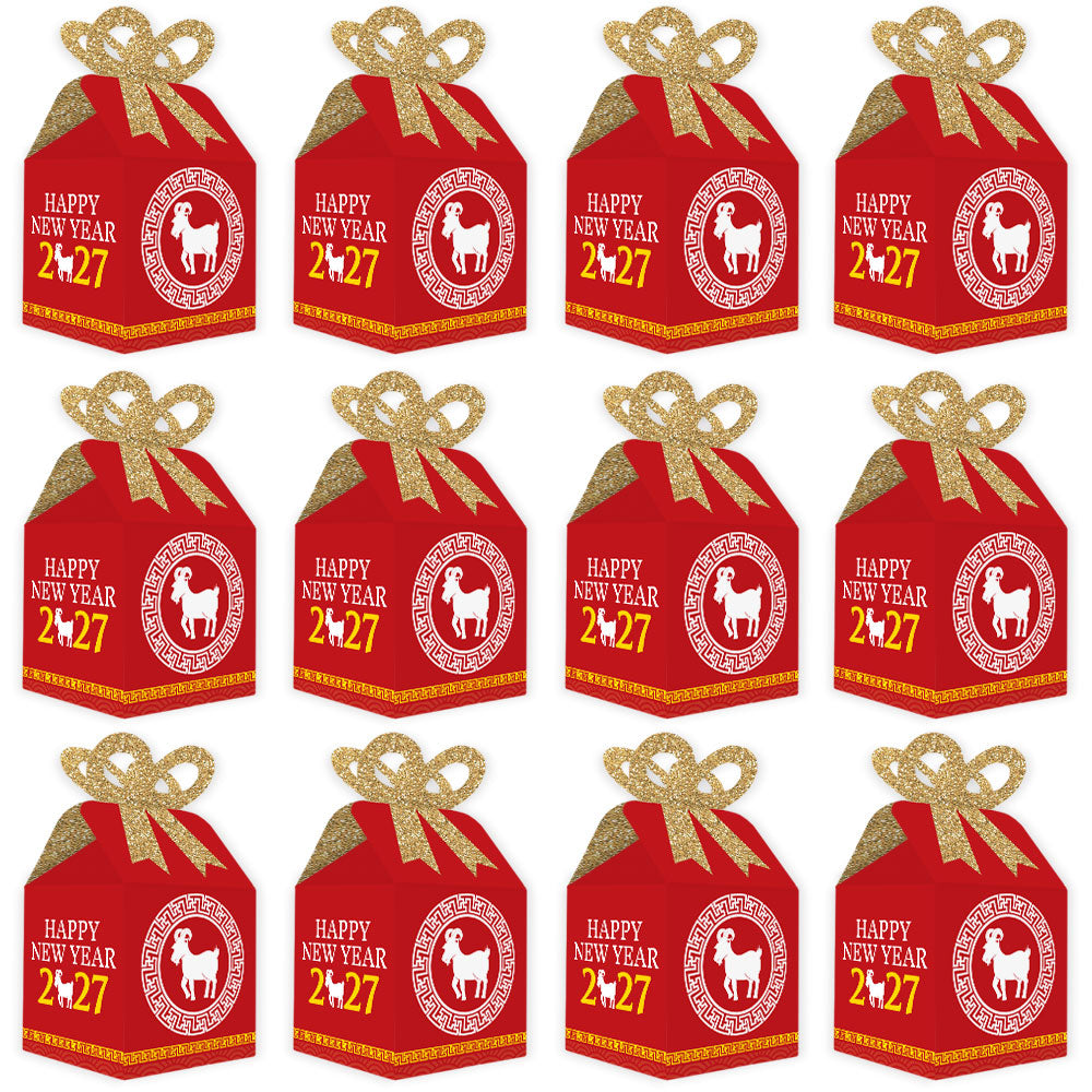 Chinese New Year - Square Favor Gift Boxes - 2027 Year of the Goat Bow Boxes - Set of 12
