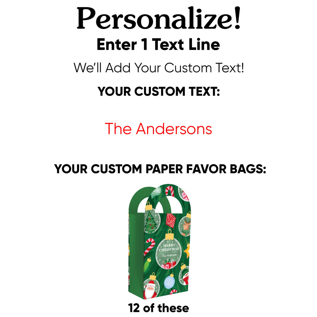 Custom Text Christmas Ornaments Paper Favor Bags - 12 Ct