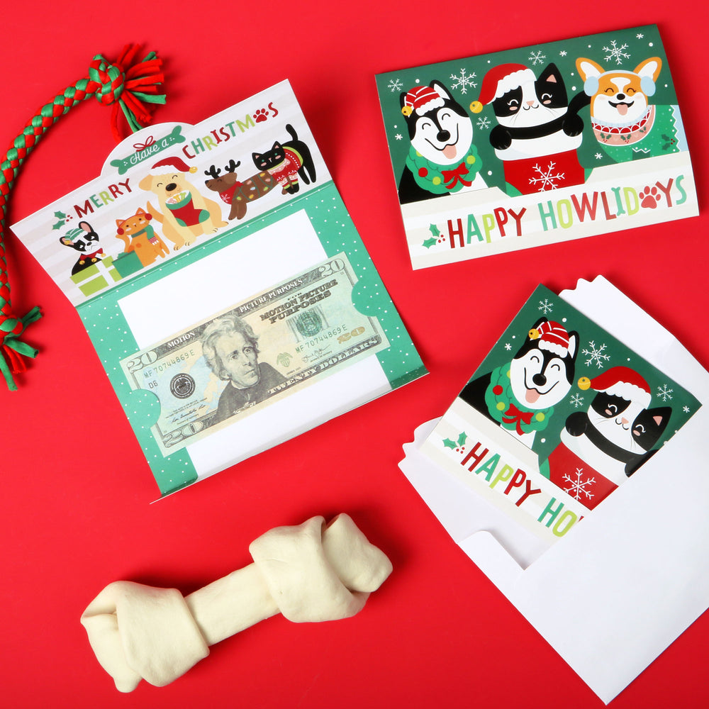 Christmas Pets - Cats and Dogs Holiday Party Money And Gift Card Holders - Set of 8