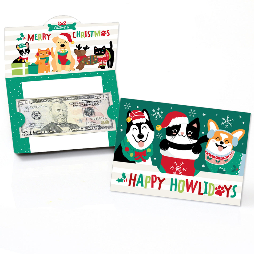 A set of Christmas-themed gift card holders with illustrations of cats and dogs wearing festive clothing. The holders are open, displaying a gift card, and come with a white envelope.