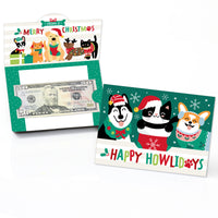 A set of Christmas-themed gift card holders with illustrations of cats and dogs wearing festive clothing. The holders are open, displaying a gift card, and come with a white envelope.