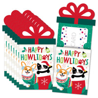 A set of Christmas-themed gift card holders featuring illustrations of cats and dogs wearing holiday clothing, with a red gift bow design on the top. Includes white envelopes with 'Happy Howliday' text printed on them.