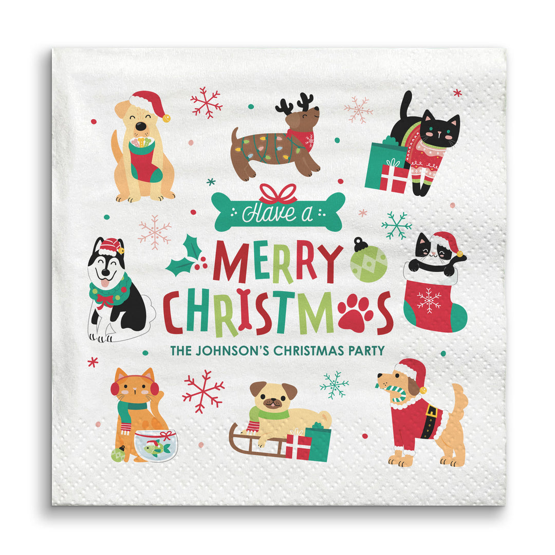 Christmas-themed napkin with cartoon animals and festive text on a white background