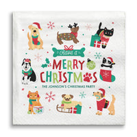 Christmas-themed napkin with cartoon animals and festive text on a white background