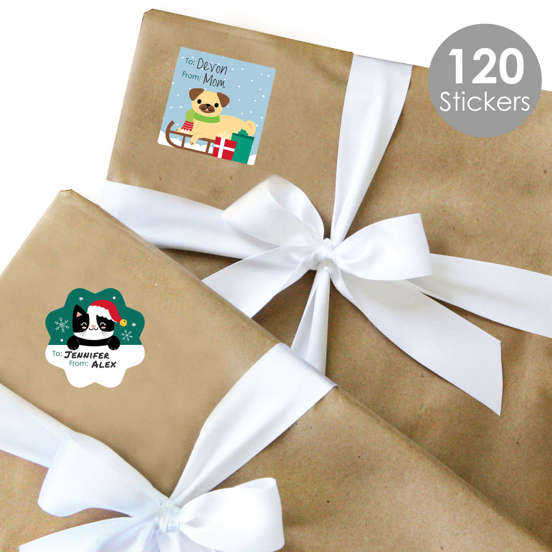 Christmas Pets - Assorted Cats and Dogs Holiday Party Gift Tag Labels - To and From Stickers - 12 Sheets - 120 Stickers