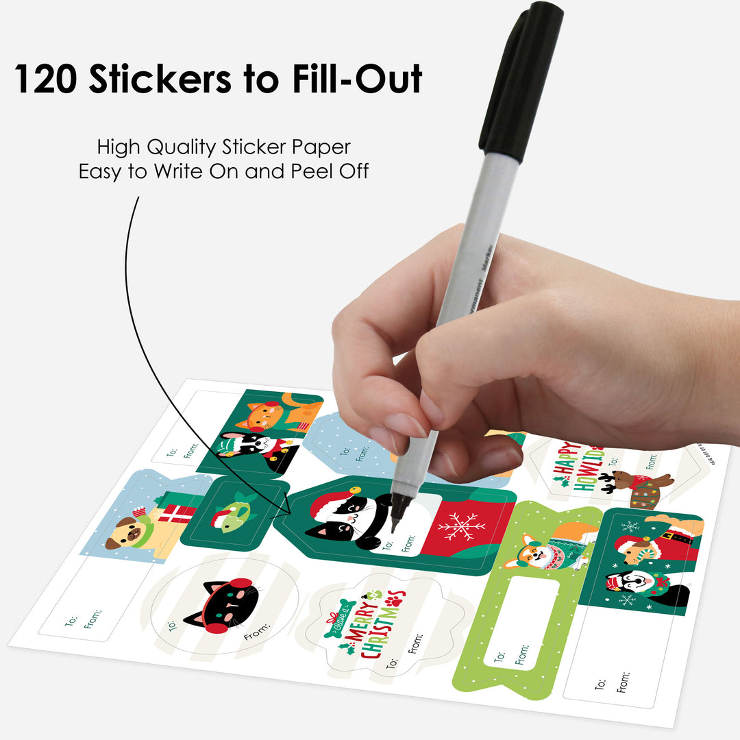 Christmas Pets - Assorted Cats and Dogs Holiday Party Gift Tag Labels - To and From Stickers - 12 Sheets - 120 Stickers