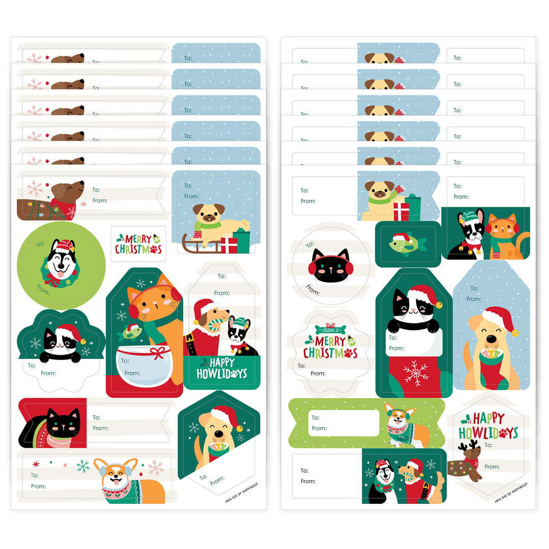 Assorted Christmas-themed gift tag labels featuring various cute animal characters, with 'Merry Christmas' and 'Happy Holidays' greetings, intended for personalizing with to and from information.
