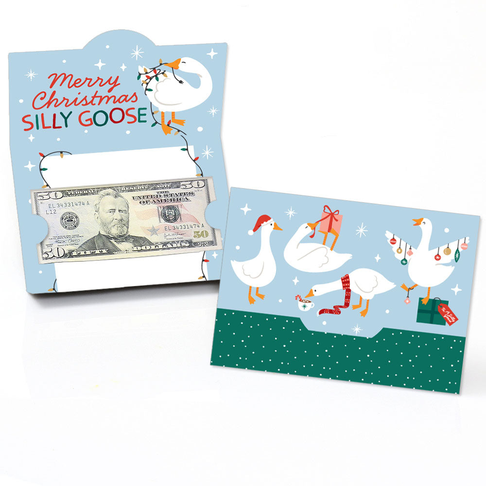 Christmas card with geese and dollar bill design on a white background